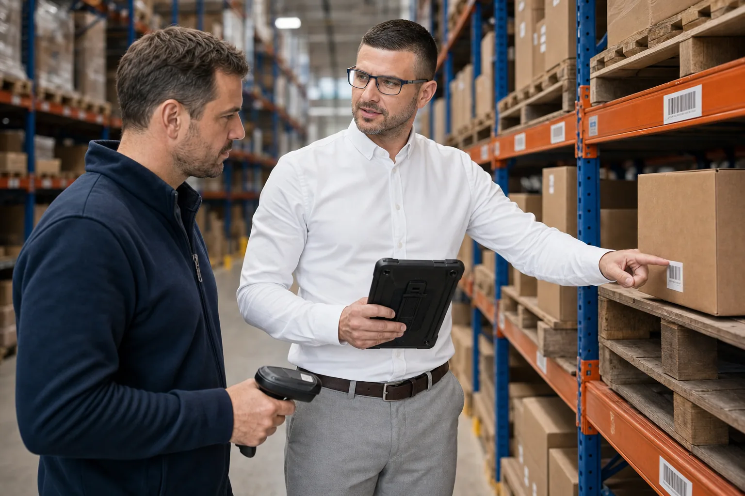 Dovydas Gustys checking a RIVILE MSCAN insight card in a warehouse