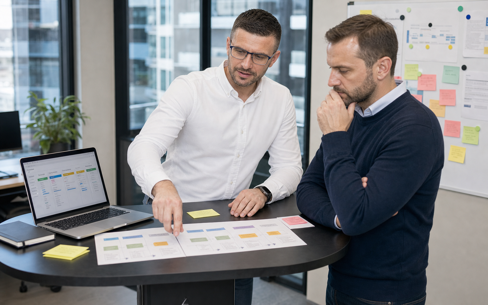 Dovydas Gustys reviewing a CRM sales pipeline and handoff rules with a sales manager