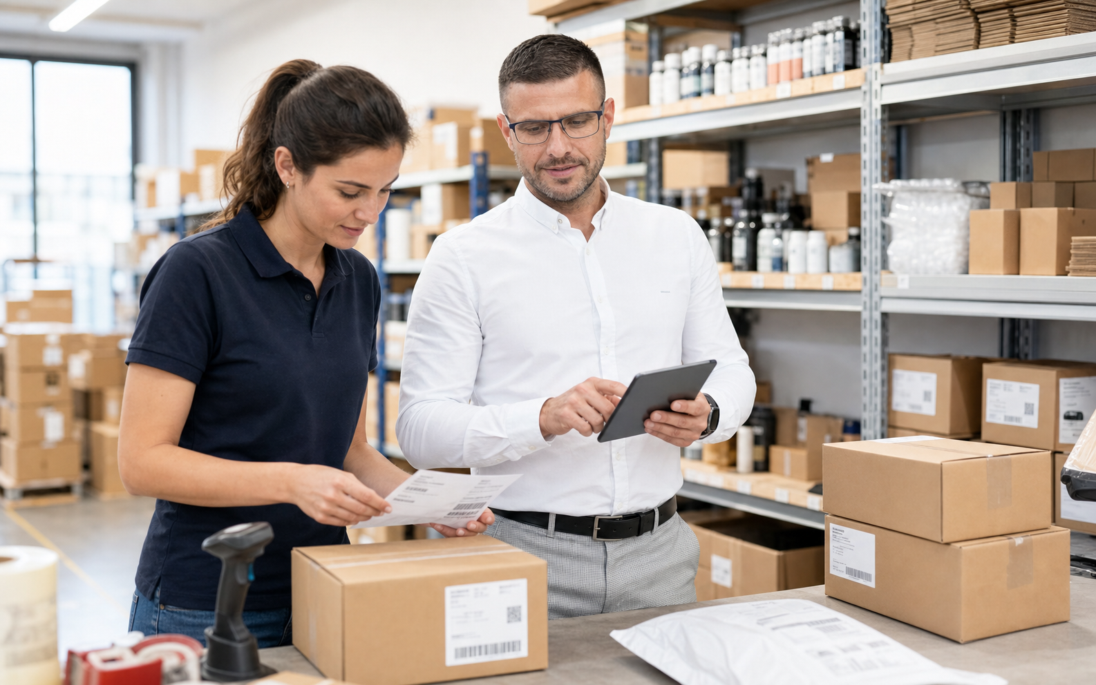 Dovydas Gustys checking RIVILE ecommerce order handoff at a packing station