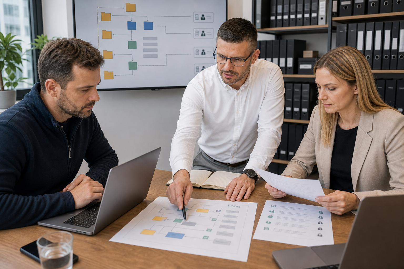 Dovydas Gustys peržiūri SharePoint dokumentų struktūrą ir AI projekto paleidimo taisykles su komanda