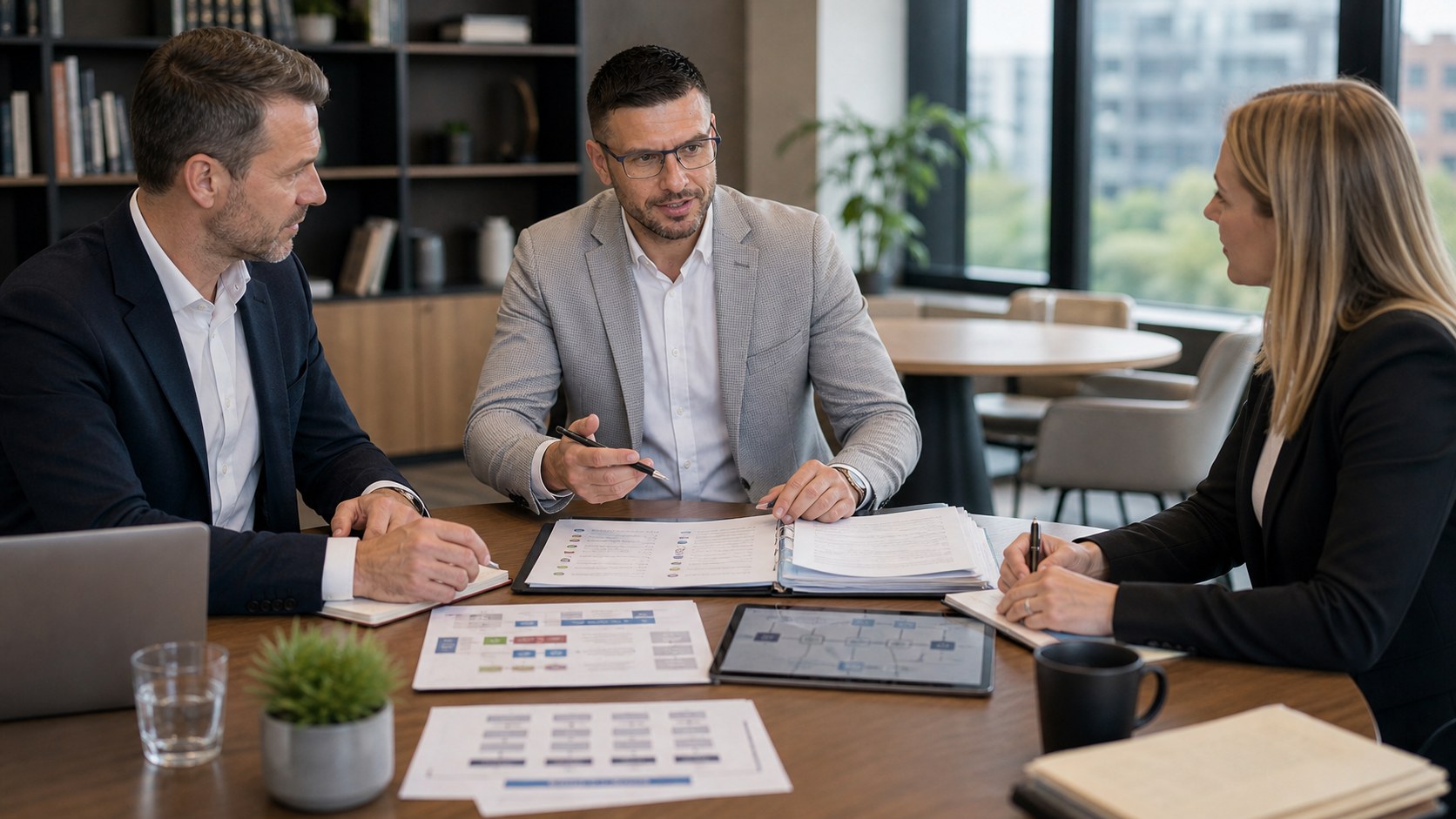 Dovydas Gustys discussing ERP implementation readiness in an executive office